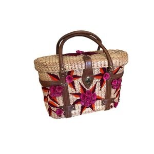 Vtg 70s Purse Hand Bag Basket Weave Straw Double Handles Boho Abstract Flowers